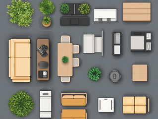 Aufkleber - Office furniture top view elements set, kit for a workspace, apartment, house, or office plan, interior icon collection, plant, table, chair, and sofa, symbol for the project or interior design