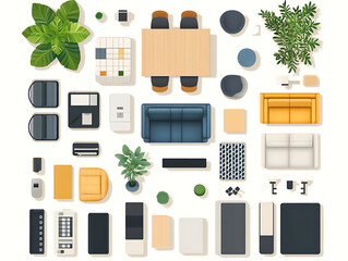 Poster - Office furniture top view elements set, kit for a workspace, apartment, house, or office plan, interior icon collection, plant, table, chair, and sofa, symbol for the project or interior design