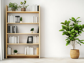 Poster - Office bookcase above white wall, empty space, plants and folders
