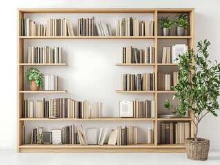 Poster - Office bookcase above white wall, empty space, plants and folders
