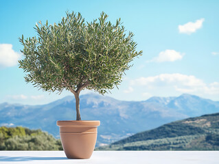 Aufkleber - Olive tree in terra cotta clay pot on white terrace under clear blue sky with beautiful mountains view, summer vacation conceptual background