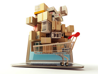 Poster - Online shopping concept with cart full of boxes on top of laptop computer