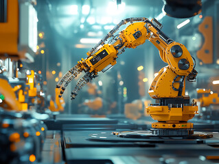 Leinwandbilder - Mechanized industry robot and robotic arms for assembly in factory production, concept of artificial intelligence for industrial revolution and automation manufacturing process