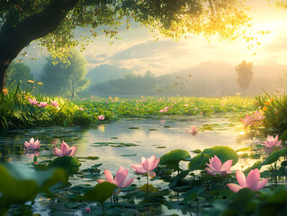 Poster - Meadows morning lotus flower garden photography