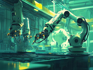 Leinwandbilder - Mechanized industry robot and robotic arms for assembly in factory production, concept of artificial intelligence for industrial revolution and automation manufacturing process