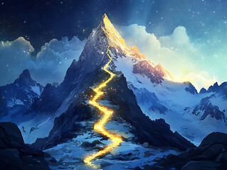 Poster - Path to success concept, with glowing light path going up the mountain, illustration