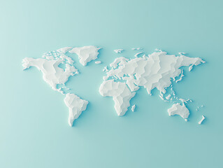 Poster - Minimalistic 3d world map on a soft blue gradient background, simplified earth representation