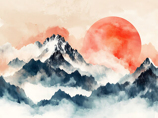 Aufkleber - Minimalistic mountain landscape with watercolor brush in japanese traditional style, wallpaper with abstract art for prints or covers, 3d artwork