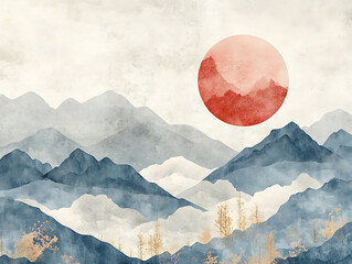 Aufkleber - Minimalistic mountain landscape with watercolor brush in japanese traditional style, wallpaper with abstract art for prints or covers, 3d artwork