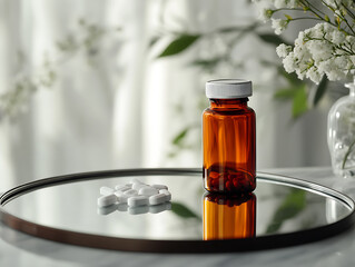 Poster - Prescription opioids addiction and overdose: a bottle of pills on a mirror table reflecting the concept of medicine shopping