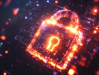 Poster - Digital padlock with glowing edges on a dynamic abstract background, embodies cybersecurity concept