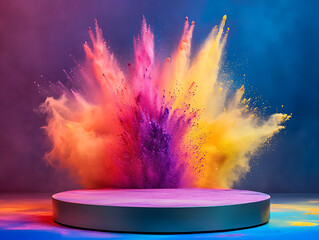 Poster - Product display podium with colorful powder paint explosion