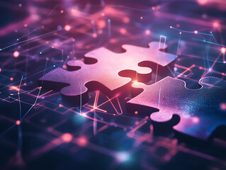 Poster - Digital representation of api integration concept with interlocking puzzle pieces against a futuristic tech-inspired abstract background, symbolizing connectivity and interoperability