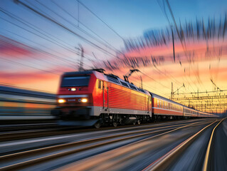 Poster - Railroad in motion at sunset, railway station with motion blur effect against colorful blue sky, industrial concept background, railroad travel, railway tourism, blurred railway, transportation