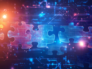 Leinwandbilder - Digital representation of api integration concept with interlocking puzzle pieces against a futuristic tech-inspired abstract background, symbolizing connectivity and interoperability