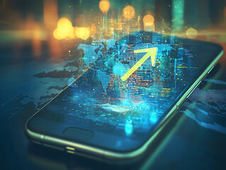 Leinwandbilder - Digital world emerging from smartphone with gps arrow pointing forward, blending reality and technology