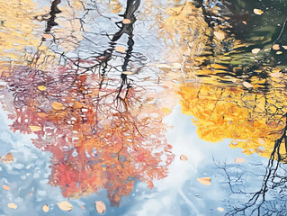 Poster - Reflection of autumn trees in water, autumn lake, oil paint