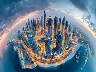 Aufkleber - Dubai skyline at night, little planet effect, panoramic aerial top view to downtown city center landmarks
