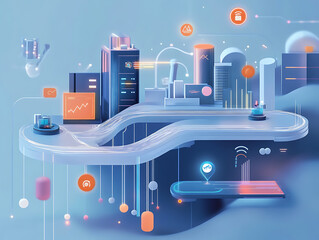 Fototapete - Dynamic business environment showcasing the concept of business agility, with symbols representing company transformation towards higher efficiency and rapid adaptation to market changes