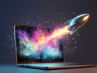 Poster - rocket exiting laptop screen with abstract digital wave