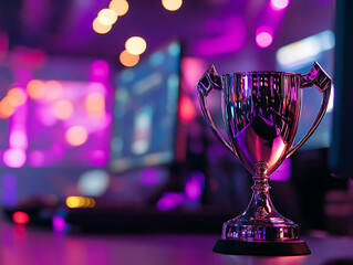 Poster - E-sports winner trophy at studio illuminated by purple neon lights with blurred background