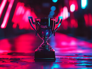 Poster - E-sports winner trophy with red neon lights blurred background