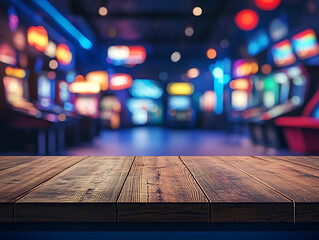 Aufkleber - Empty wood table top on abstract blurred game center shop and nightclub lights background