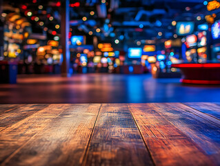 Aufkleber - Empty wood table top on abstract blurred game center shop and nightclub lights background