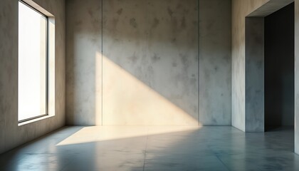 Poster - Empty modern corridor with concrete walls, floor. Natural light streams in from windows, skylight. Sunlight casts shadows on floor. Modern interior design. Commercial space. Contemporary architecture.