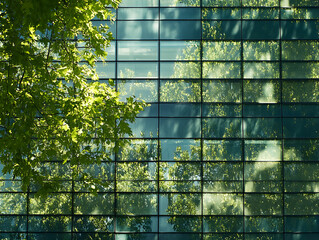 Aufkleber - Exemplifying the esg , environmental, social, governance concept, a corporate glass building facade reflects green trees, importance of integrating sustainability into business practice