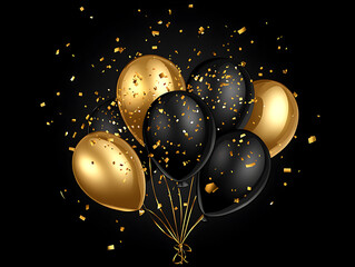 Aufkleber - Black and gold balloons falling with confetti on a black background creating a festive scene