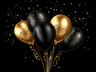 Poster - Black and gold balloons falling with confetti on a black background creating a festive scene