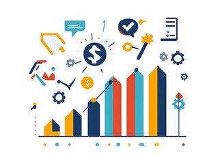 Aufkleber - Financial development in business, showcasing increasing profit growth with upward trending graphs, currency symbols, and corporate imagery