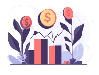 Aufkleber - Financial development in business, showcasing increasing profit growth with upward trending graphs, currency symbols, and corporate imagery