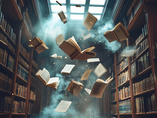 Poster - Flying open books in library