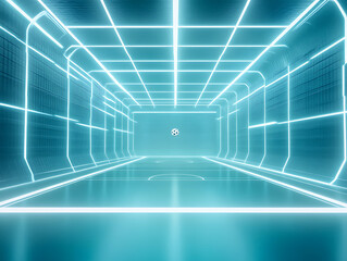Poster - Football in the center of a futuristic indoor soccer field or stadium with neon glowing lines background