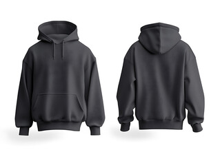 Poster - Front view and rear view of dark grey boxy fit hoodie jacket mockup, cotton and linen material