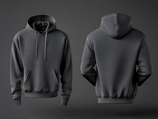 Poster - Front view and rear view of dark grey boxy fit hoodie jacket mockup, cotton and linen material