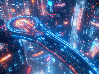Poster - Futuristic infrastructure of a smart night city, blue neon colors, connection technology metaverse concept, night city banner with big data, device connection, 3d artwork