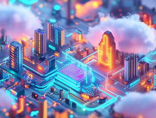Aufkleber - Futuristic network of cloud computing and blockchain technology , a vibrant 3d polygonal illustration depicting the interconnected world of digital currency and modern tech