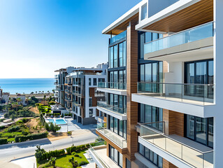 Poster - Glass balconies on a brand-new apartment complex, houses with modern architecture near the sea, the building's facade is heavily glassed