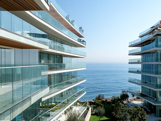 Aufkleber - Glass balconies on a brand-new apartment complex, houses with modern architecture near the sea, the building's facade is heavily glassed