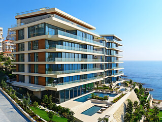 Fototapete - Glass balconies on a brand-new apartment complex, houses with modern architecture near the sea, the building's facade is heavily glassed