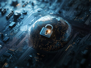 Aufkleber - Globe with digital padlock over circuit board, dark background, concept of global cybersecurity and digital protection