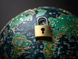 Poster - Globe with digital padlock over circuit board, dark background, concept of global cybersecurity and digital protection