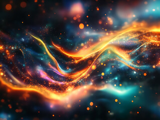 Fototapete - Glowing abstract wave on dark, shiny motion, magic space light