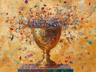 Aufkleber - Gold first place winners trophy with falling confetti and streamers