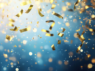Poster - golden confetti falling on blurred blue background