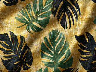 Poster - Gold and green tropical leaves pattern on rough beige fabric closeup, palm leaves, gold, black, exotic decor of material for sewing, floral style, 3d artwork