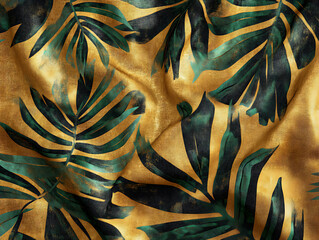 Poster - Gold and green tropical leaves pattern on rough beige fabric closeup, palm leaves, gold, black, exotic decor of material for sewing, floral style, 3d artwork